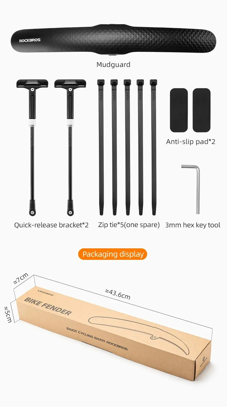 Bicycle mudguard kit with quick-release brackets, zip ties, anti-slip pads, and hex key tool, showcasing packaging design.
