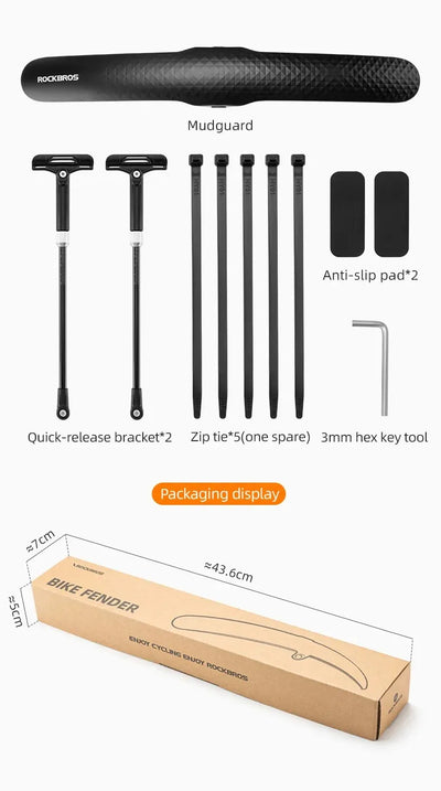 Bicycle mudguard kit with quick-release brackets, zip ties, anti-slip pads, and hex key tool, showcasing packaging design.