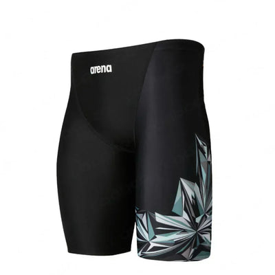Men's swim jammer trunks with geometric print and quick-dry material, perfect for summer beach and professional swimming.