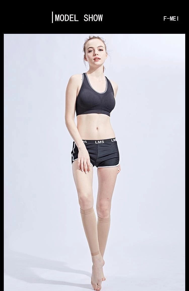 Model showcasing footless compression stockings with athletic wear, highlighting comfort and medical gradient compression.