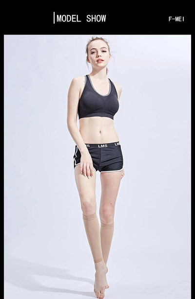 Model showcasing footless compression stockings with athletic wear, highlighting comfort and medical gradient compression.