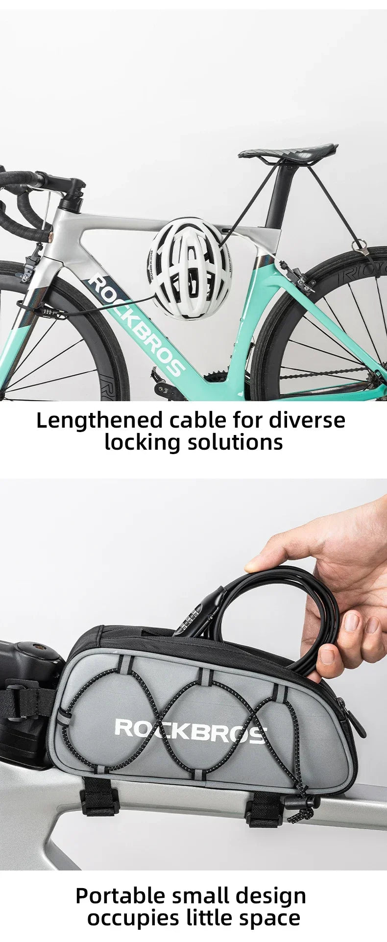 ROCKBROS bike lock cable and portable bag, designed for secure locking and compact storage for bicycles and e-bikes.