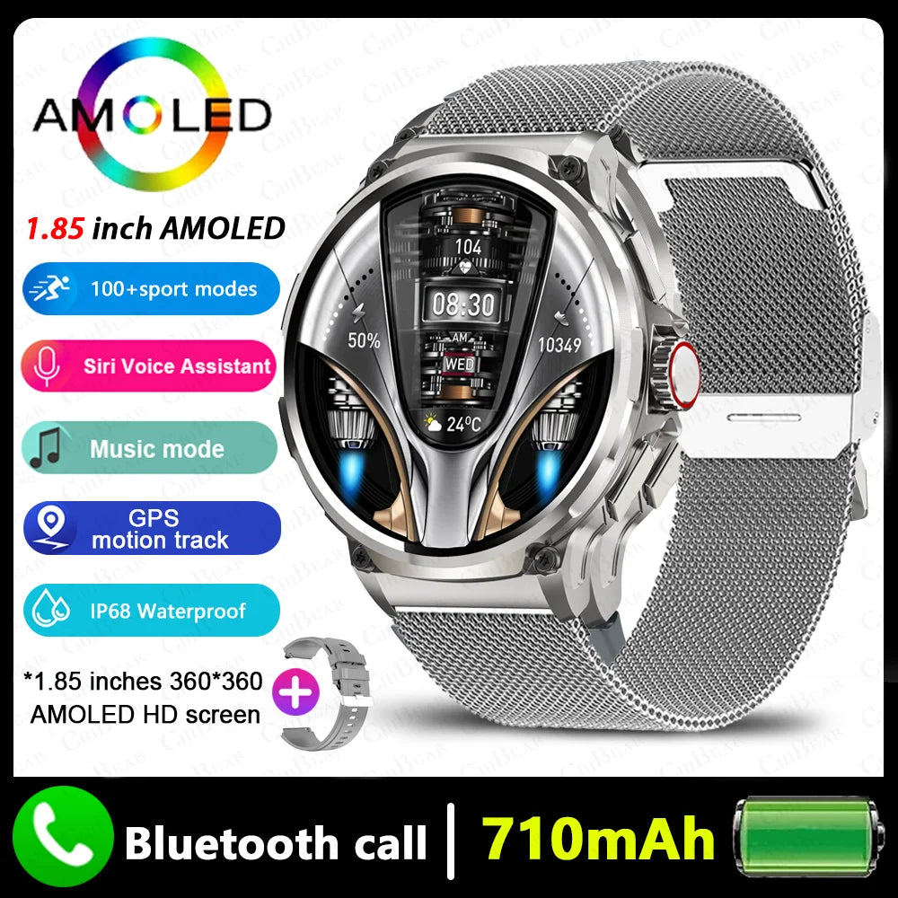 GPS smart watch for men with 1.85 inch AMOLED display, Bluetooth call, and 710mAh battery.