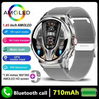 GPS smart watch for men with 1.85 inch AMOLED display, Bluetooth call, and 710mAh battery.