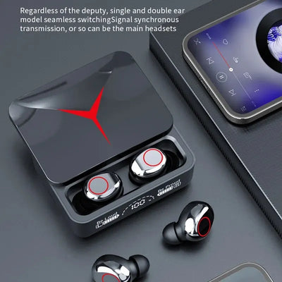 TWS Wireless Earbuds in charging case with sleek design, showcasing Bluetooth capability and seamless switching features.