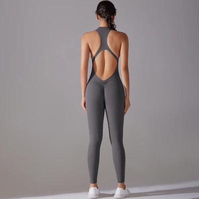 Women back view of gray bodysuit with tummy control and butt lifting features, perfect for yoga and workouts.