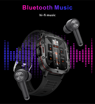 Rugged military smart watch with Bluetooth earbuds, showcasing hi-fi music features against a colorful soundwave background.