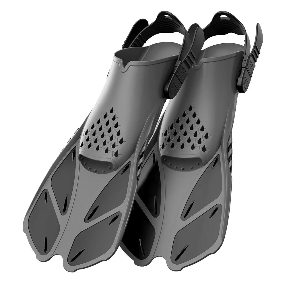 Adjustable snorkel fins with open heel design, made of silicone, ideal for scuba diving and swimming, suitable for adults.