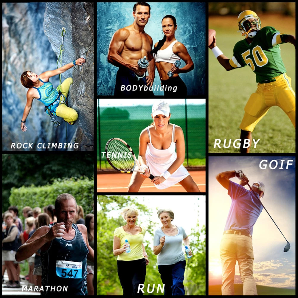 Collage of sports activities: rock climbing, bodybuilding, rugby, tennis, marathon running, and golf.