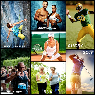 Collage of sports activities: rock climbing, bodybuilding, rugby, tennis, marathon running, and golf.