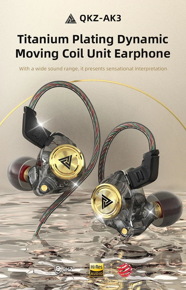QKZ AK3 Titanium Plating Dynamic Earphones with Moving Coil, showcasing sleek design and superior sound quality.