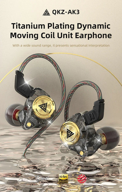 QKZ AK3 Titanium Plating Dynamic Earphones with Moving Coil, showcasing sleek design and superior sound quality.