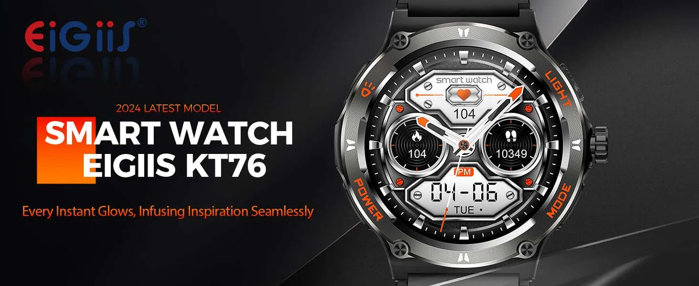 2024 Eigiis KT76 smart watch featuring advanced display and modern design, perfect for tech enthusiasts.