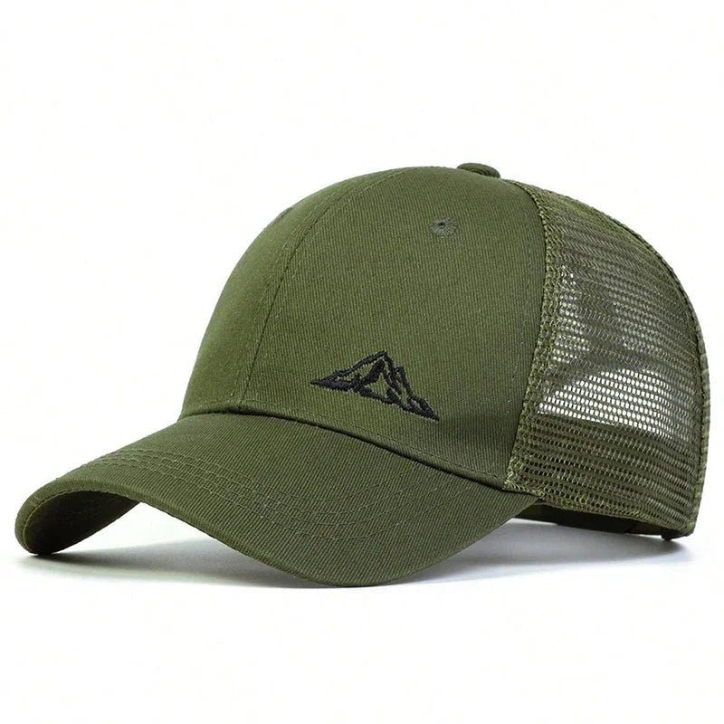 Unisex mountain embroidery baseball cap, adjustable outdoor sun hat in olive green, ideal for outdoor activities.