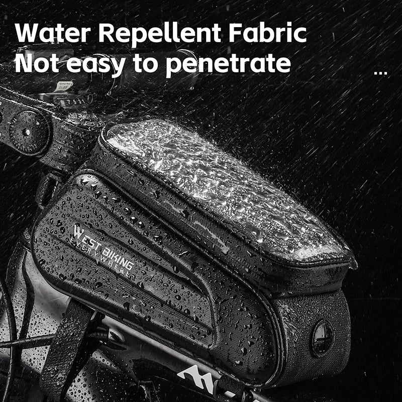 West Biking 7" bike phone bag showcasing water repellent fabric in a rainy environment.