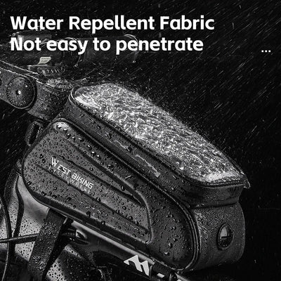 West Biking 7" bike phone bag showcasing water repellent fabric in a rainy environment.