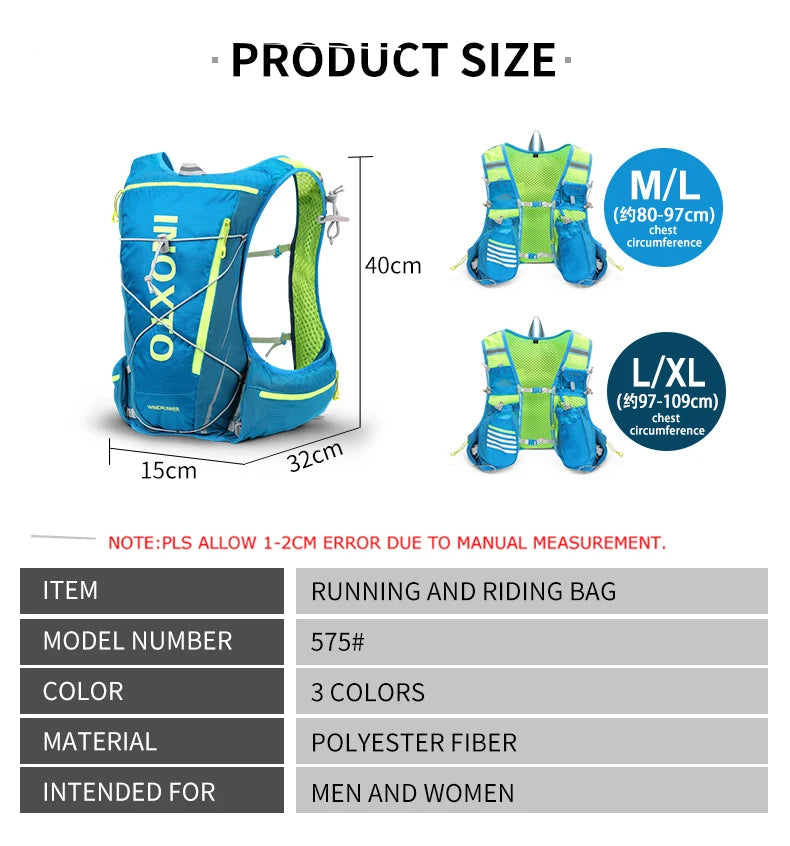 Hydration vest backpack sizes M/L and L/XL with specifications for running, cycling, and hiking gear.
