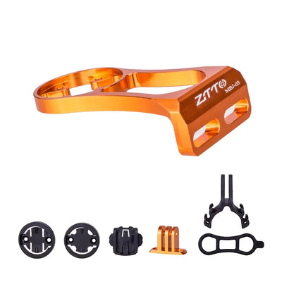 ZTTO bicycle stem mount in orange aluminum, compatible with Garmin GPS, GoPro, and flashlight, suitable for road bike and MTB.