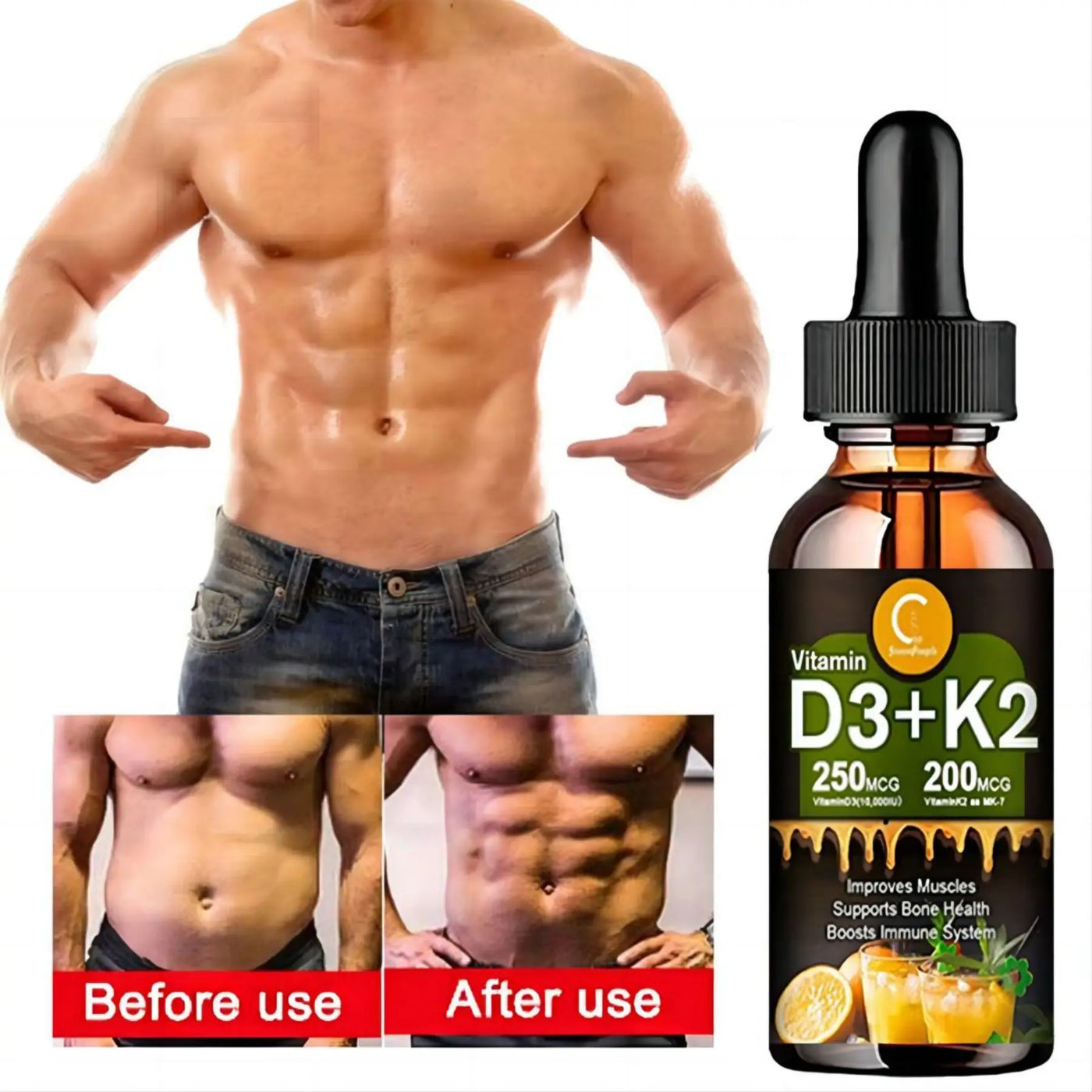 Vitamin D3 K2 oil for improved muscle and bone health; before and after results displayed on fit male model.
