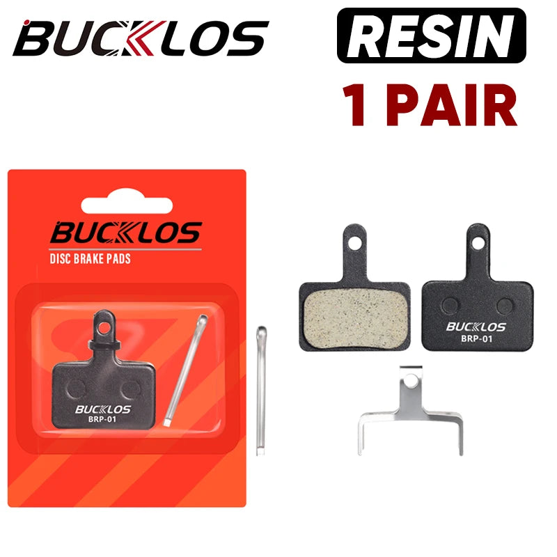 BUCKLOS resin disc brake pads BRP-01 packaging and brake pads, compatible with Shimano models.