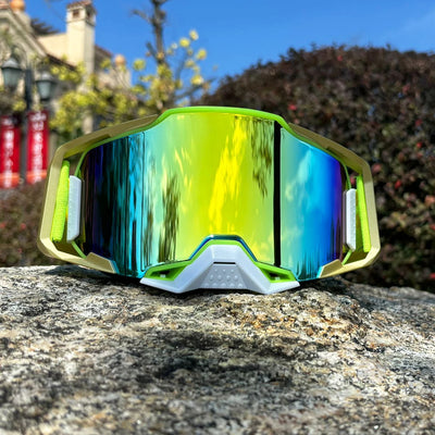 Off-road MTB goggles with multi-color lens, ideal for dirt bike racing and protective eyewear for cyclists.