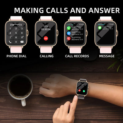 Waterproof smart watch displaying call features: phone dial, calling, call records, and message alerts.