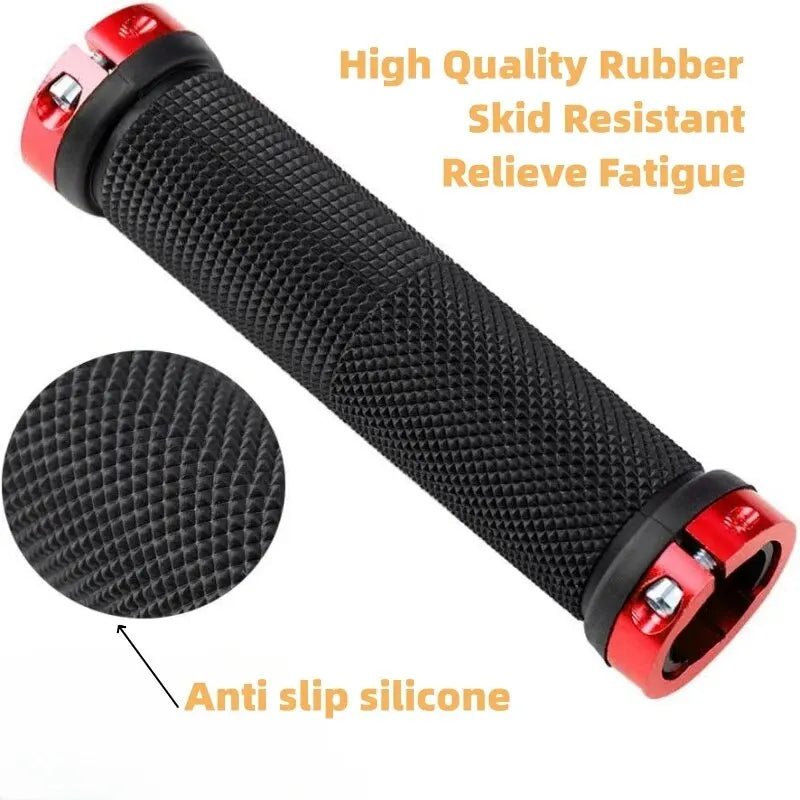 Non-slip rubber bike grips with double lock-on design, durable aluminum alloy, and textured surface for improved cycling comfort.