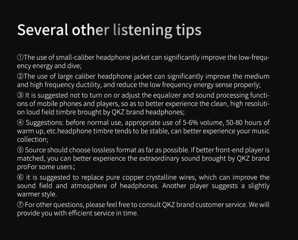 Text providing listening tips for optimizing headphone sound quality with QKZ brand earphones.