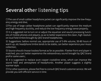 Text providing listening tips for optimizing headphone sound quality with QKZ brand earphones.