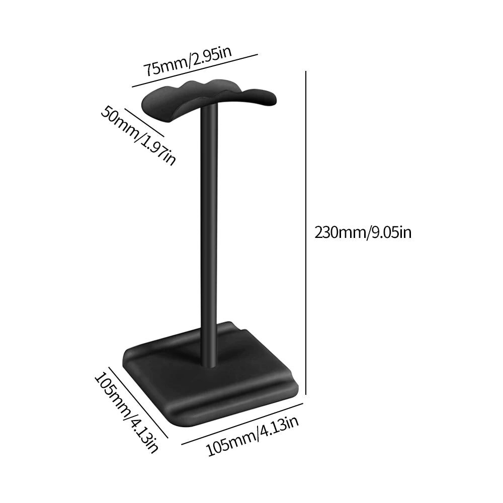 Universal headphone stand dimensions with a sleek black design, ideal for organizing headsets and mobile devices on desktops.
