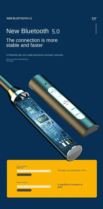 Wireless Bluetooth 5.0 technology graphic highlighting stability and faster connection improvements.