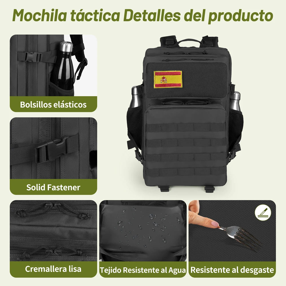 Tactical backpack features with elastic pockets, solid fasteners, waterproof fabric, and durable zipper design for outdoor use.