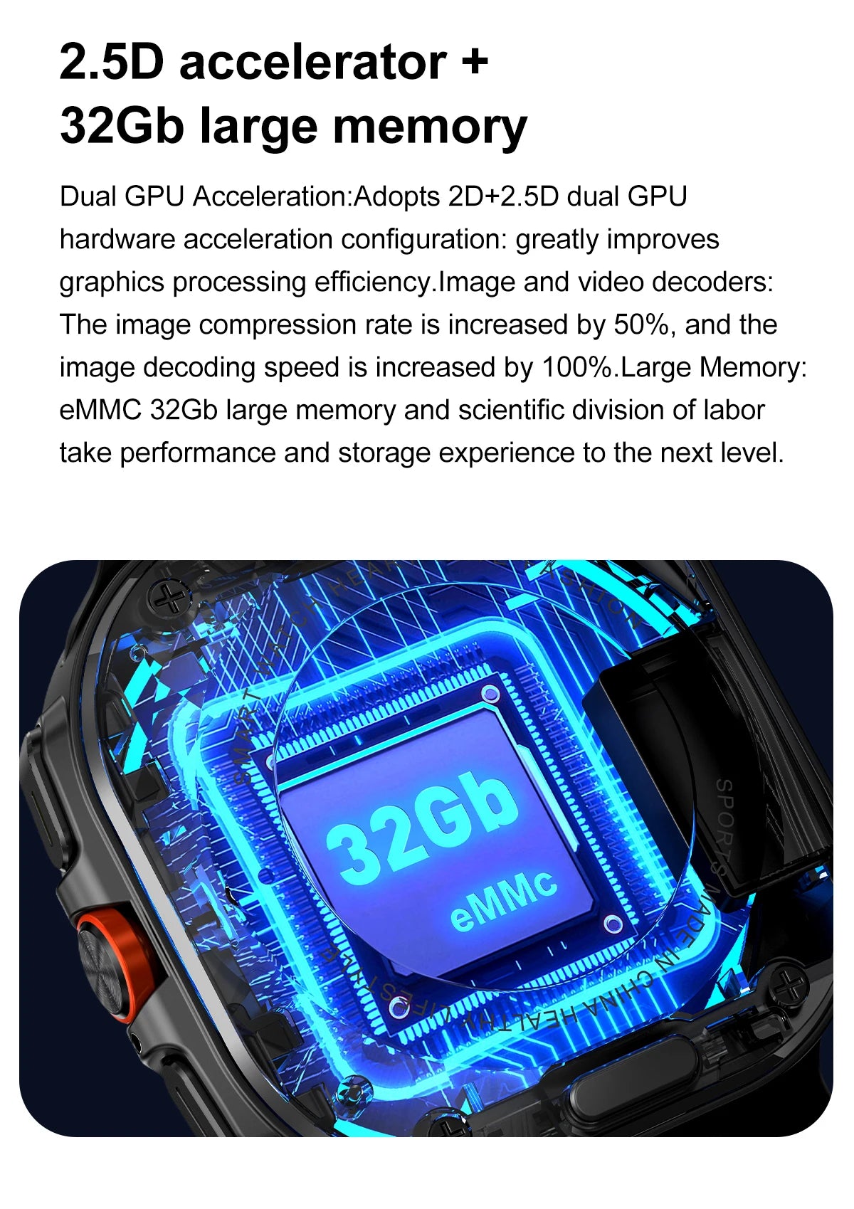 Close-up of smartwatch showing 2.5D accelerator and 32Gb eMMC memory for boosted performance.