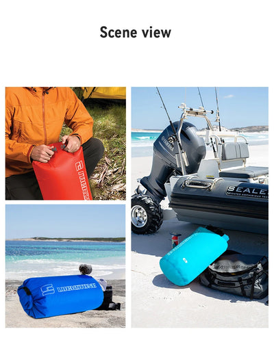 Waterproof dry bags in different environments: beach, boat, and outdoor settings, showcasing ultralight storage solutions.