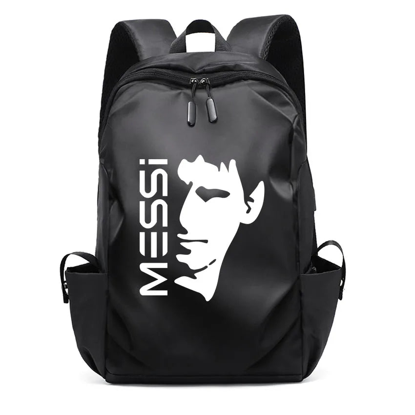 Black MESSI backpack with zipper closure for unisex college students, featuring a stylish design and USB port.