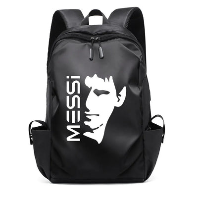 Black MESSI backpack with zipper closure for unisex college students, featuring a stylish design and USB port.
