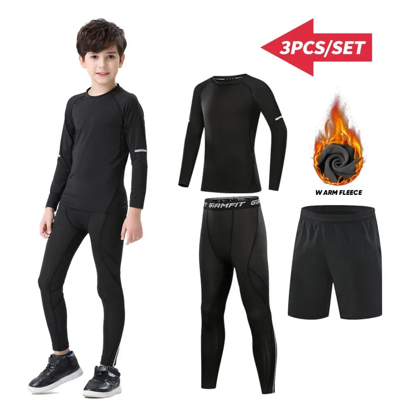 Kids thermal sports set featuring compression tights and fleece-lined long sleeve top for winter running.