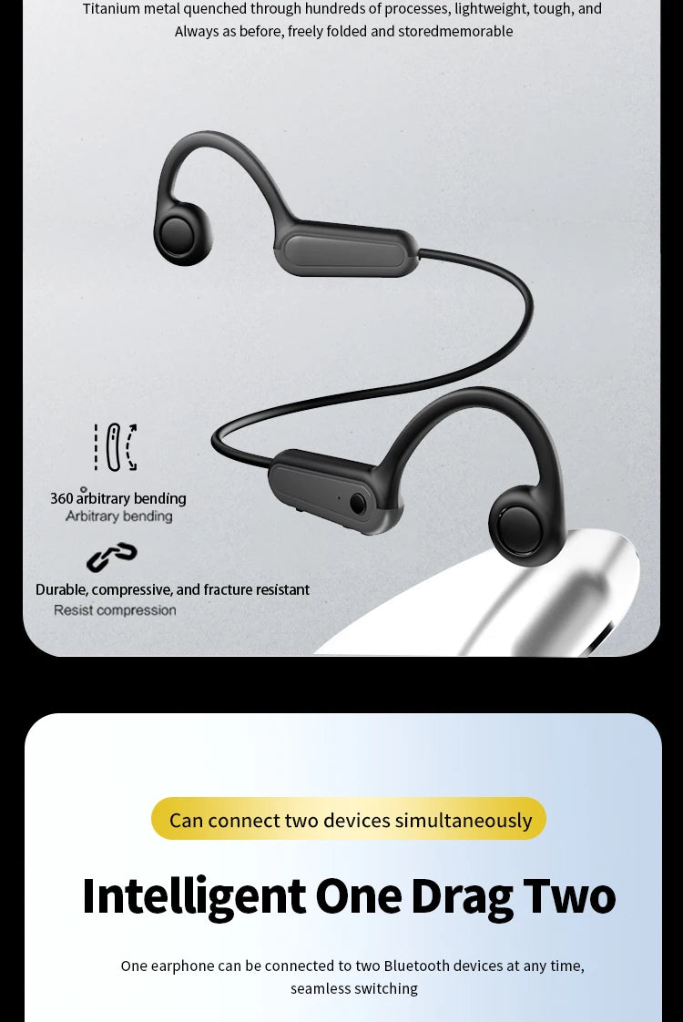 Bone conduction earphones featuring flexible design, 360-degree bending, and dual Bluetooth connection capability.