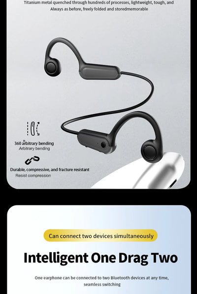 Bone conduction earphones featuring flexible design, 360-degree bending, and dual Bluetooth connection capability.