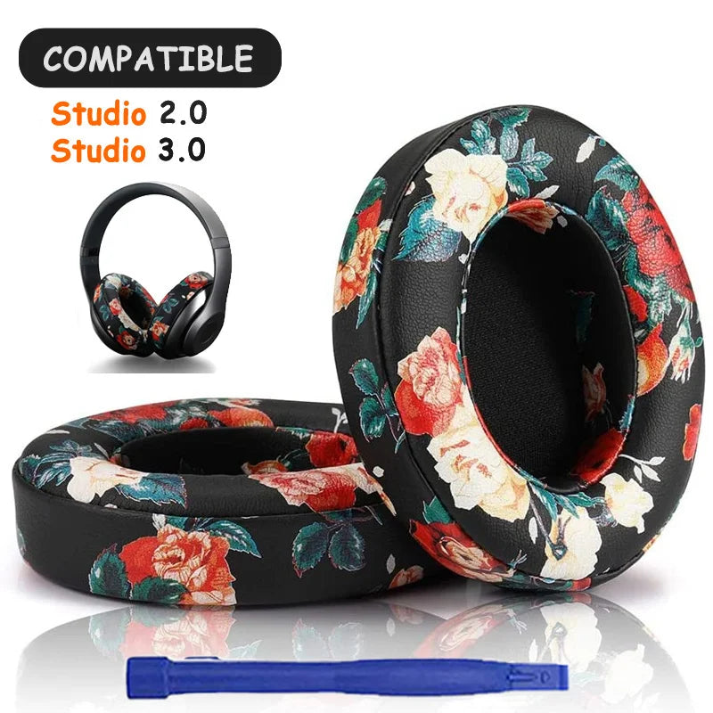 KUTOU floral earpads compatible with Beats Studio 2.0 and 3.0 headphones, featuring soft leather material.