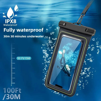 IPX8 waterproof phone bag designed for underwater use, suitable for swimming and surfing, holding various smartphone brands.