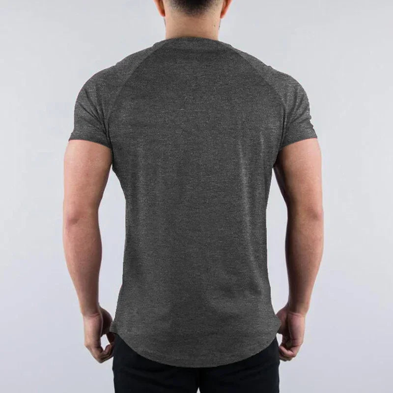 Men's plain summer cotton breathable short sleeve gym shirt, perfect for workouts and bodybuilding, shown from the back.