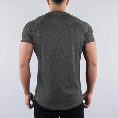 Men's plain summer cotton breathable short sleeve gym shirt, perfect for workouts and bodybuilding, shown from the back.