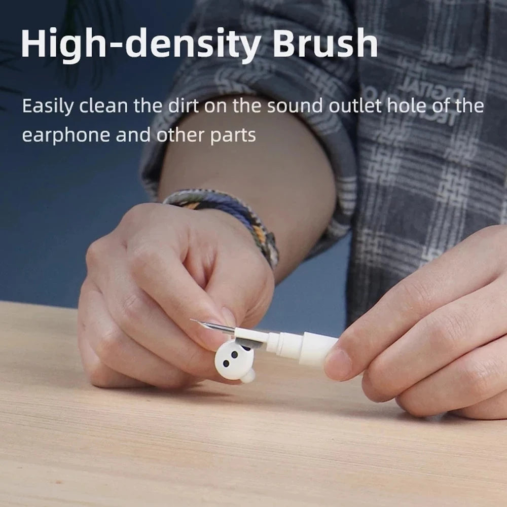 High-density brush tool for cleaning Bluetooth earphones and AirPods, effectively removing dirt and debris.