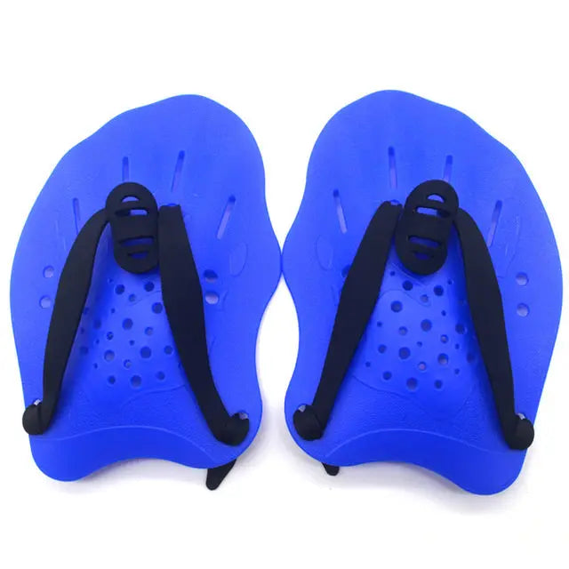 Adjustable blue swimming paddles training gloves for men, women, and kids made of silicone, perfect for aquatic workouts.