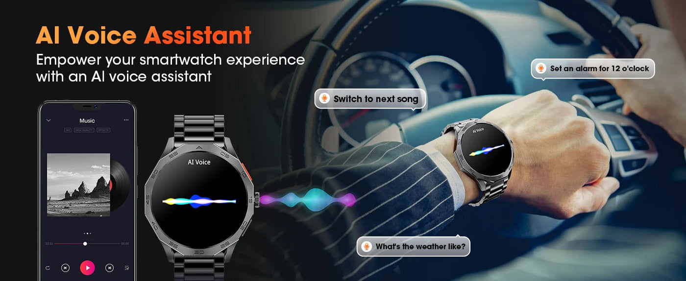 AI voice assistant feature enhancing smartwatch usability for music control and reminders while driving.