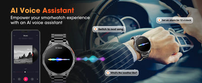AI voice assistant feature enhancing smartwatch usability for music control and reminders while driving.