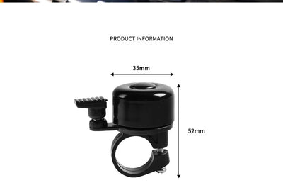 Black aluminum alloy MTB bicycle bell with dimensions of 35mm width and 52mm height, designed for handlebar safety.
