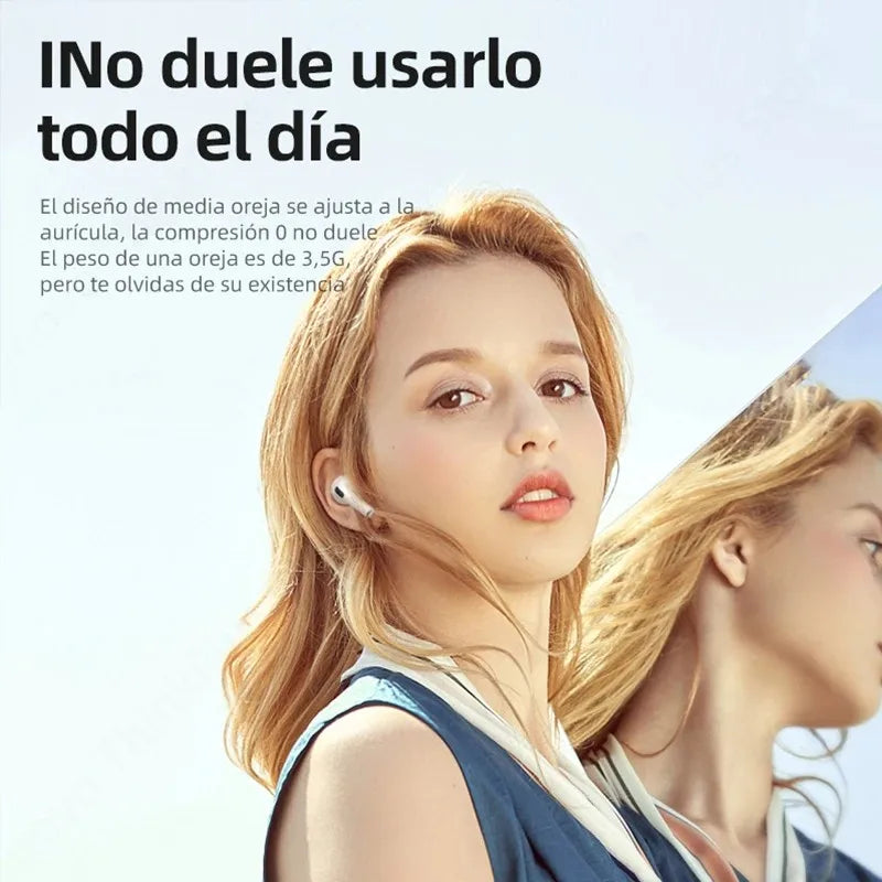 Young woman wearing Lenovo wireless Bluetooth earphones, showcasing comfort and design suitability for all-day use.