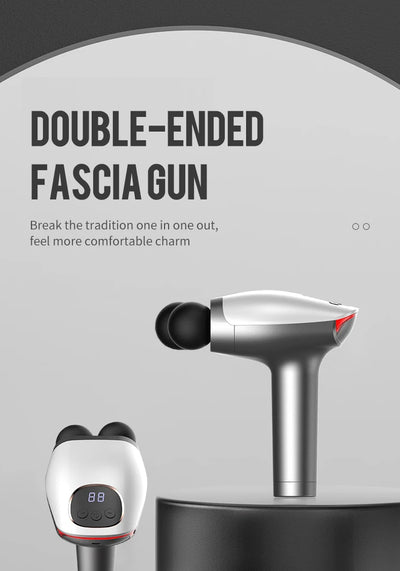 Double-headed fascia massage gun showcasing dual heads and digital display for deep tissue muscle relief.